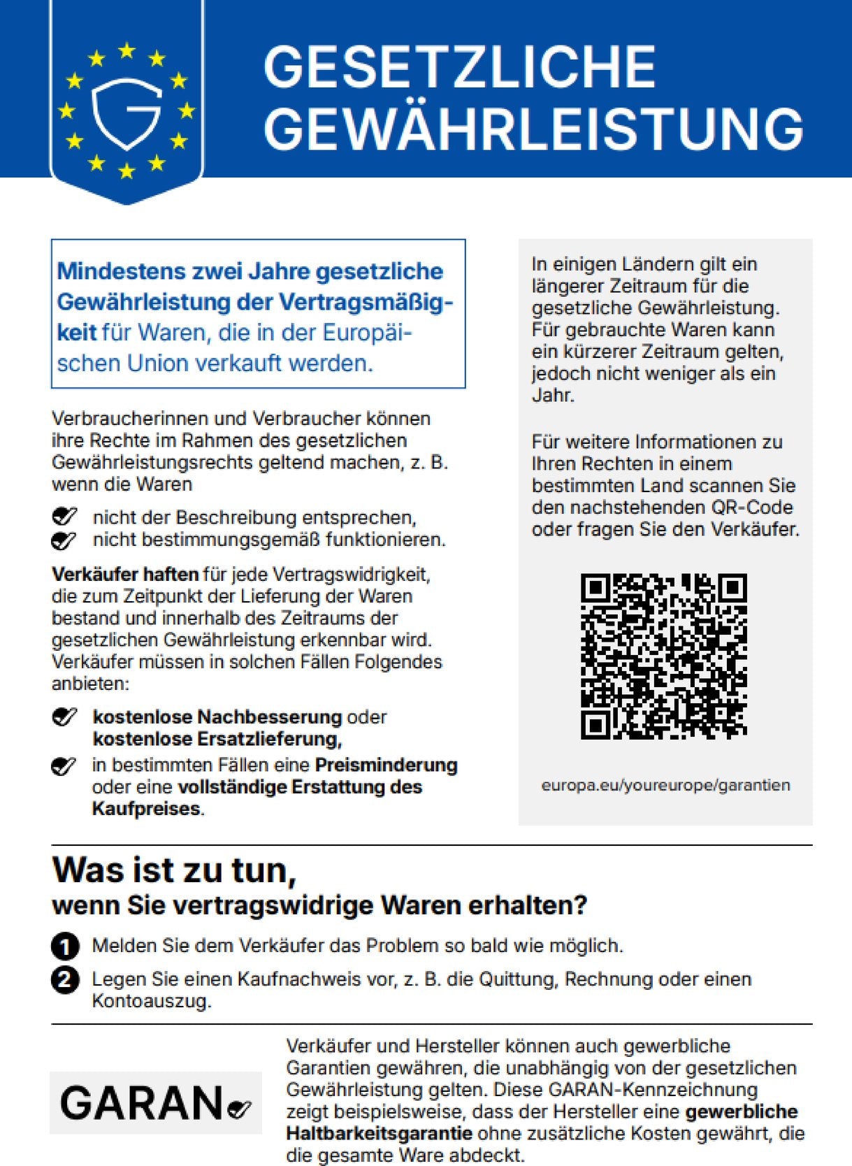 EU-Hinweis „Gesetzliche Gewährleistung“: mindestens zwei Jahre gesetzliche Gewährleistung für Waren, die in der Europäischen Union verkauft werden.